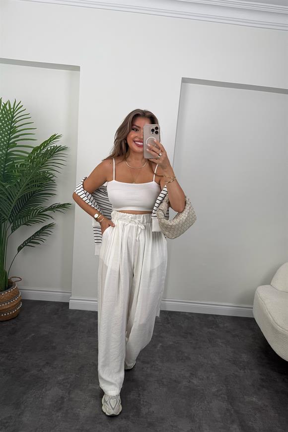 Premium Seri Tensel Modal Dökümlü Palazzo Pantolon Beyaz