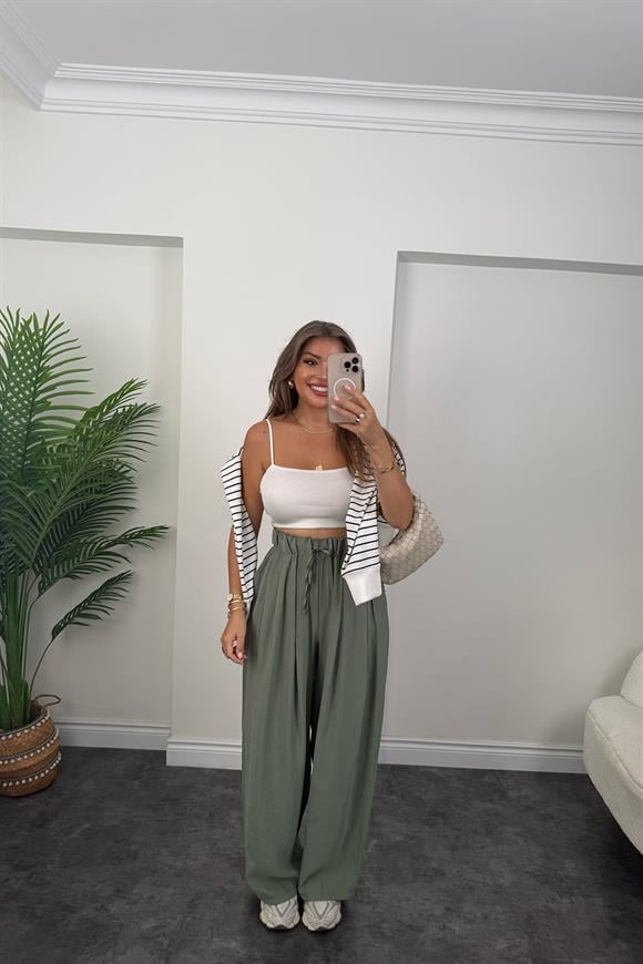 Premium Seri Tensel Modal Dökümlü Palazzo Pantolon Haki