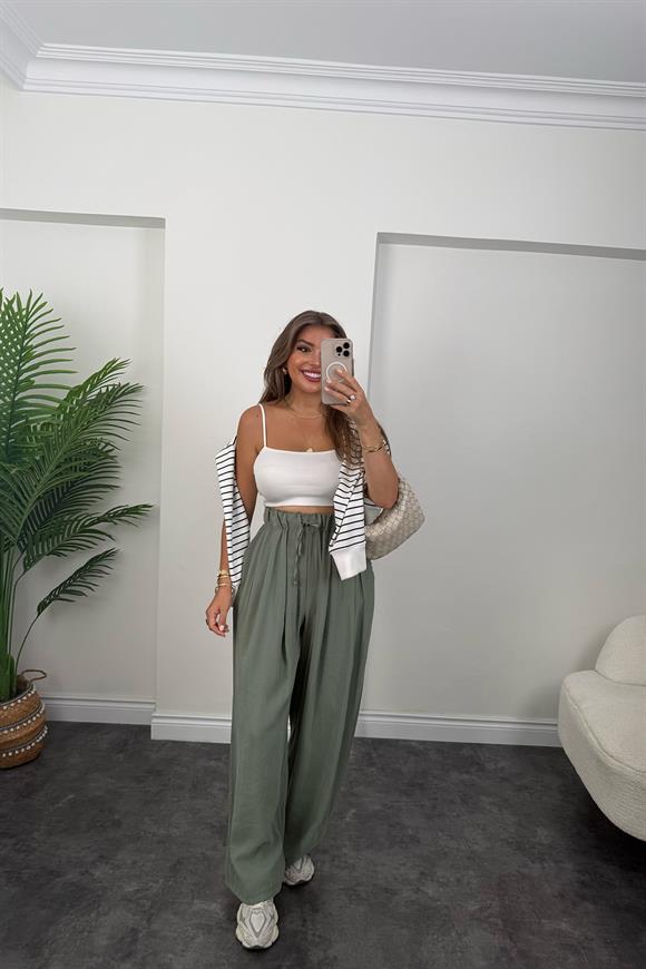 Premium Seri Tensel Modal Dökümlü Palazzo Pantolon Haki