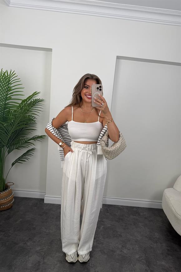 Premium Seri Tensel Modal Dökümlü Palazzo Pantolon Beyaz