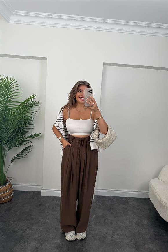 Premium Seri Tensel Modal Dökümlü Palazzo Pantolon Acı Kahve