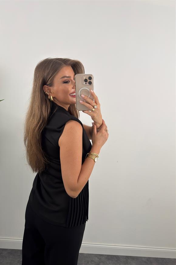 Premium Seri Transparan Detaylı Vatkalı Sıfır Kol Kruvaze Ceket Bluz Siyah