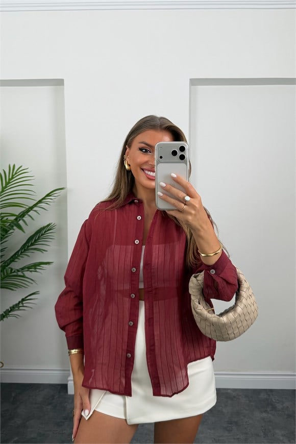 Premium Seri Transparan Tensel Gömlek Bordo