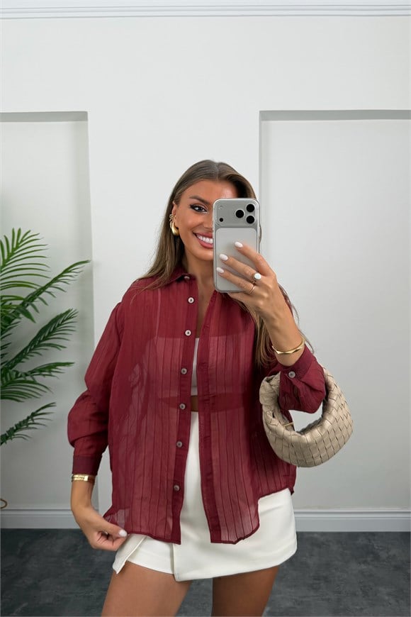 Premium Seri Transparan Tensel Gömlek Bordo