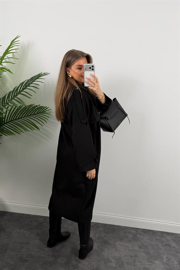 Premium Seri Trenç Model Kalın Yumoş Maxi Kaşe Kaban Siyah