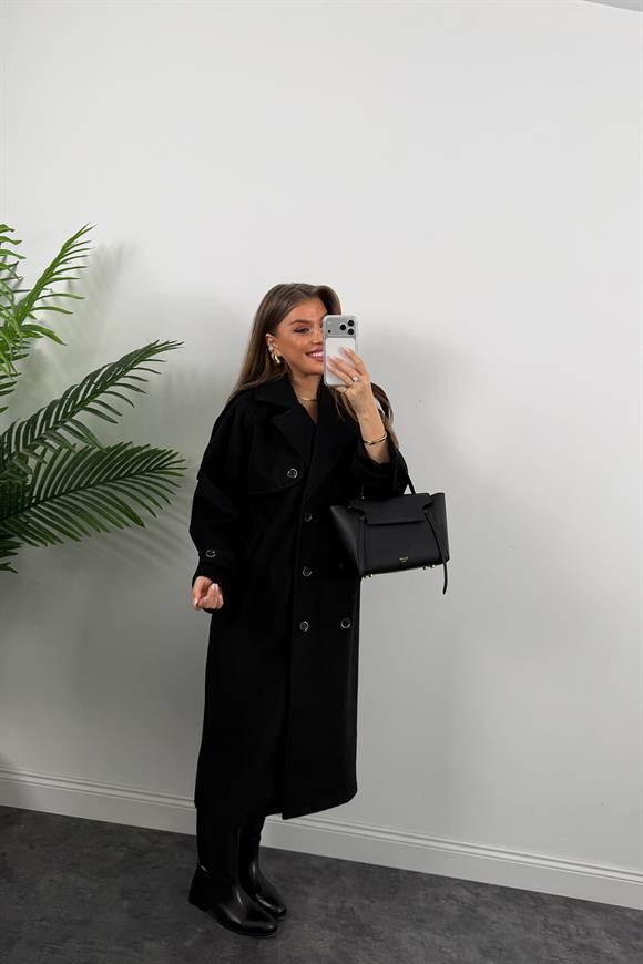 Premium Seri Trenç Model Kalın Yumoş Maxi Kaşe Kaban Siyah