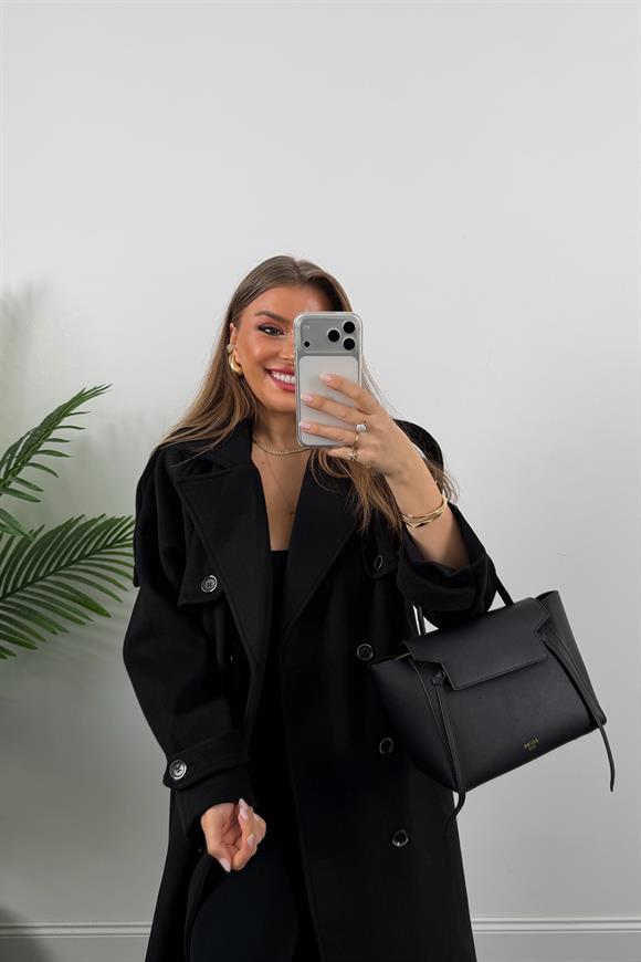 Premium Seri Trenç Model Kalın Yumoş Maxi Kaşe Kaban Siyah