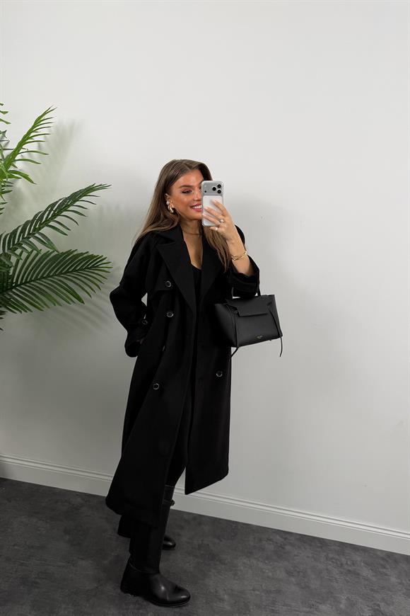 Premium Seri Trenç Model Kalın Yumoş Maxi Kaşe Kaban Siyah