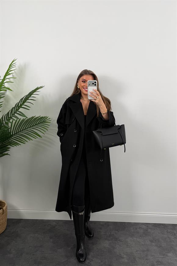 Premium Seri Trenç Model Kalın Yumoş Maxi Kaşe Kaban Siyah