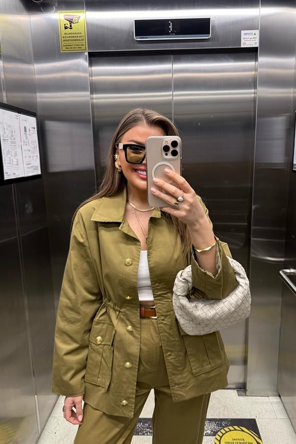 Premium Seri Trençkot Kemerli Pantolon Takım Yeşil
