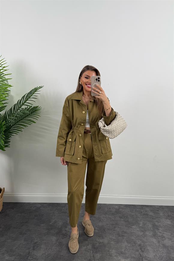 Premium Seri Trençkot Kemerli Pantolon Takım Yeşil