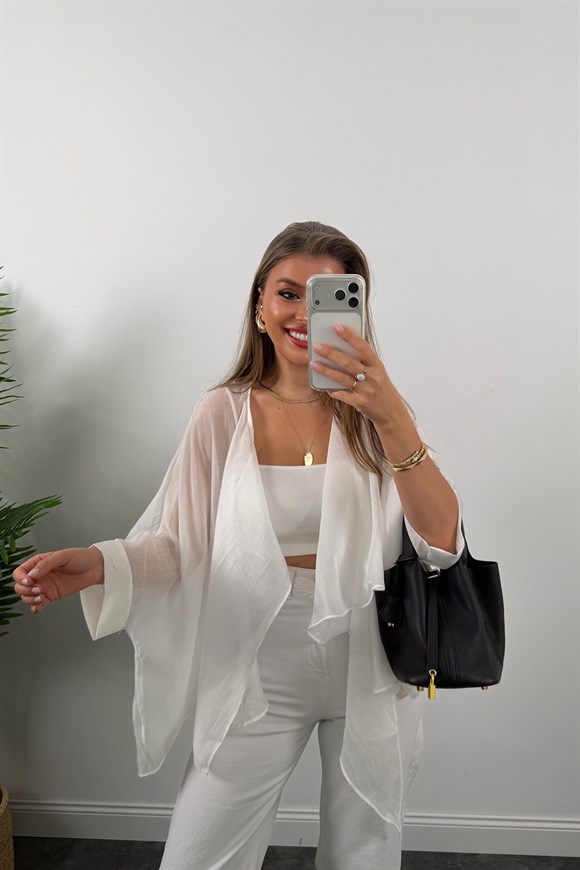 Premium Seri Uçuşan Kumaş Tensel Pelerin Bluz Beyaz