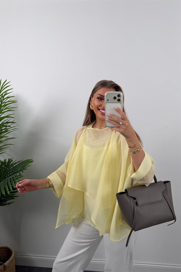Premium Seri Uçuşan Kumaş Tensel Pelerin Bluz Sarı