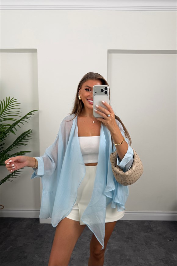 Premium Seri Uçuşan Kumaş Tensel Pelerin Bluz Pastel Mavi