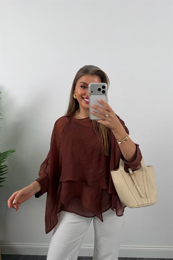 Premium Seri Uçuşan Kumaş Tensel Pelerin Bluz Tarçın