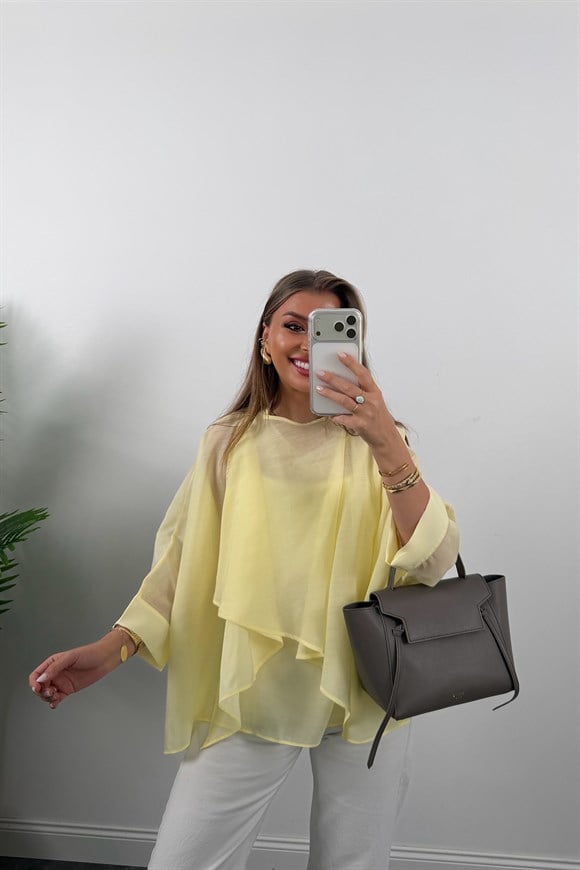 Premium Seri Uçuşan Kumaş Tensel Pelerin Bluz Sarı
