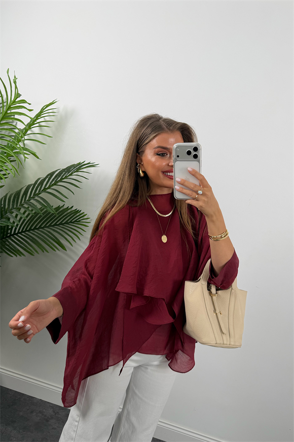 Premium Seri Uçuşan Kumaş Tensel Pelerin Bluz Bordo