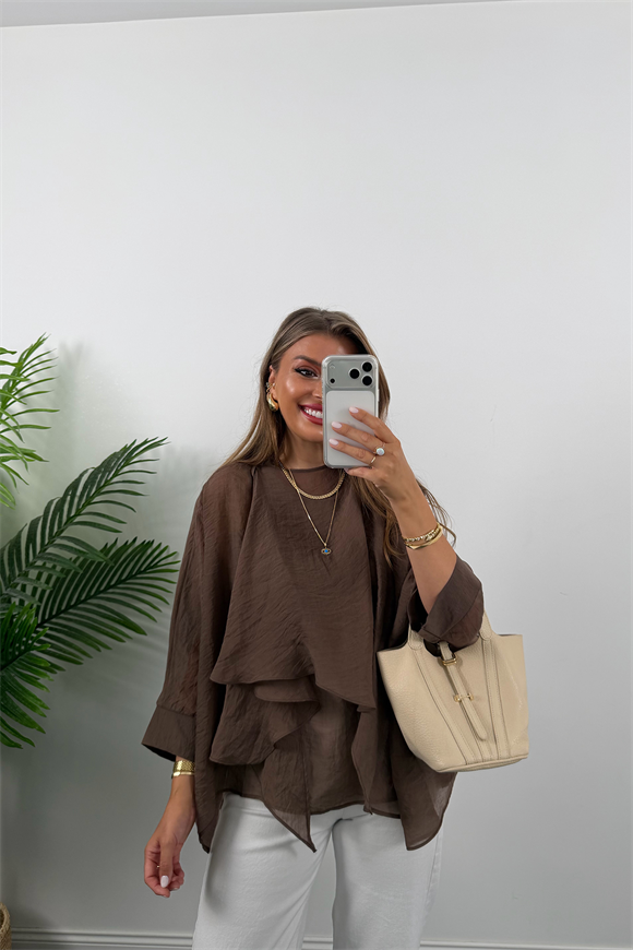 Premium Seri Uçuşan Kumaş Tensel Pelerin Bluz Acı Kahve