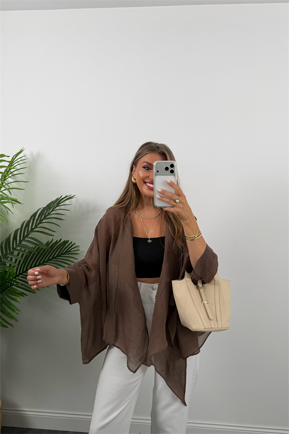 Premium Seri Uçuşan Kumaş Tensel Pelerin Bluz Acı Kahve