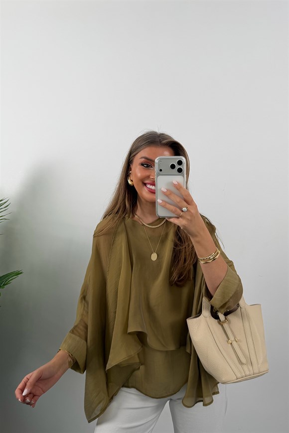 Premium Seri Uçuşan Kumaş Tensel Pelerin Bluz Olive