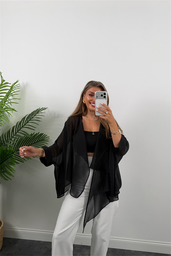 Premium Seri Uçuşan Kumaş Tensel Pelerin Bluz Siyah