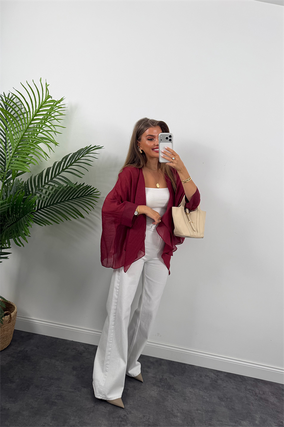 Premium Seri Uçuşan Kumaş Tensel Pelerin Bluz Bordo