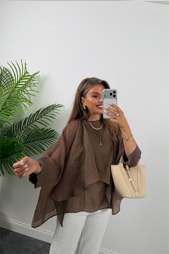 Premium Seri Uçuşan Kumaş Tensel Pelerin Bluz Acı Kahve