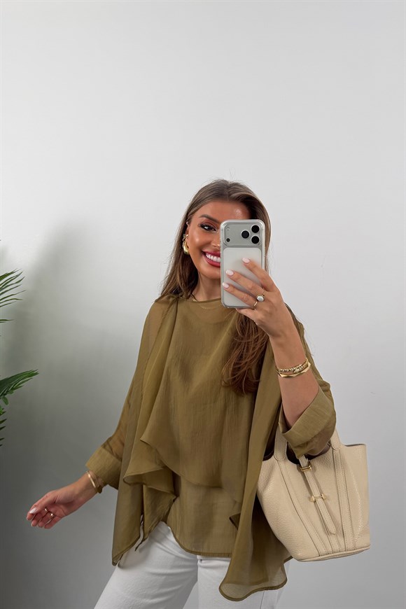 Premium Seri Uçuşan Kumaş Tensel Pelerin Bluz Olive