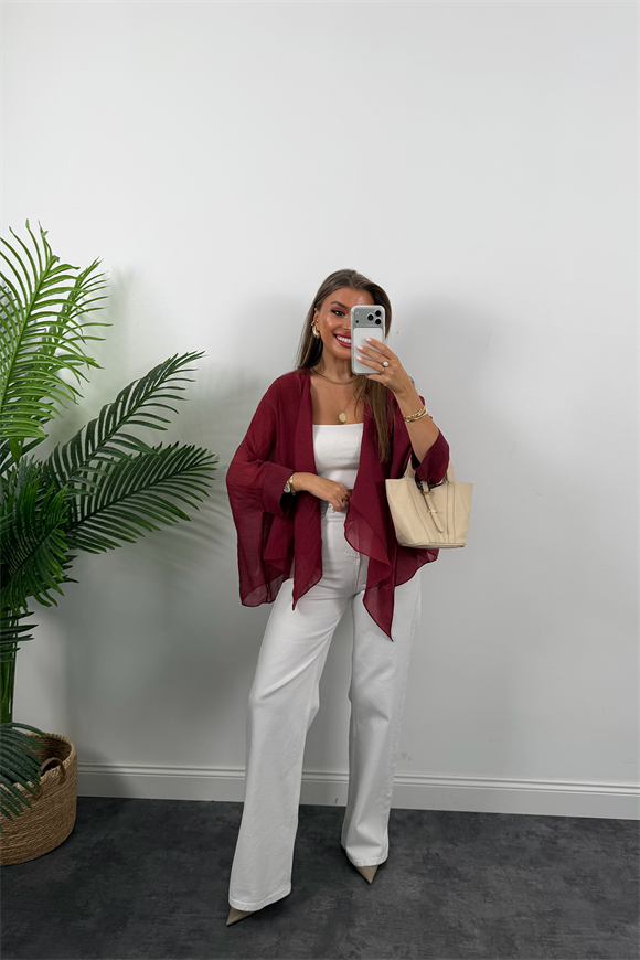 Premium Seri Uçuşan Kumaş Tensel Pelerin Bluz Bordo