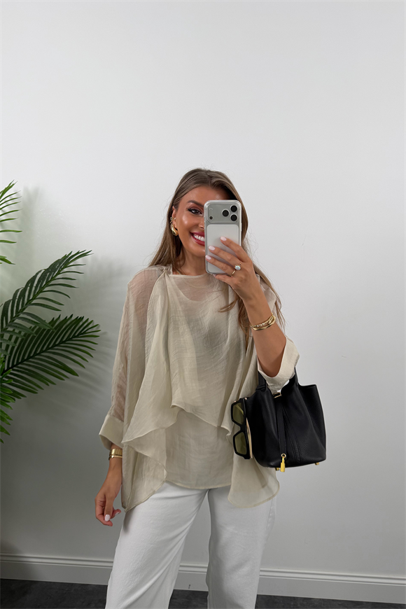 Premium Seri Uçuşan Kumaş Tensel Pelerin Bluz Natural Taş