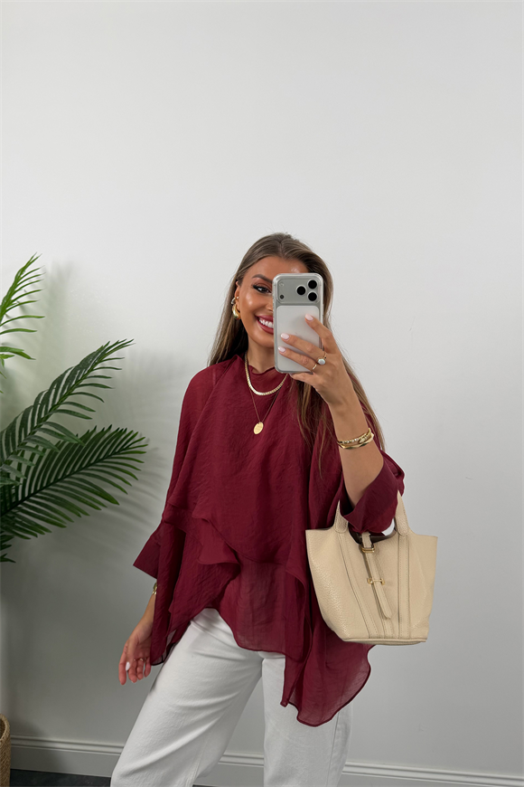 Premium Seri Uçuşan Kumaş Tensel Pelerin Bluz Bordo