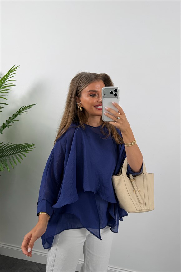 Premium Seri Uçuşan Kumaş Tensel Pelerin Bluz Lacivert