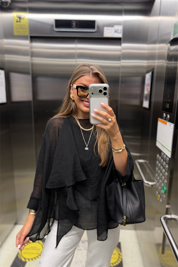 Premium Seri Uçuşan Kumaş Tensel Pelerin Bluz Siyah