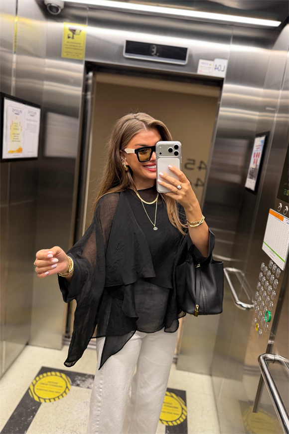 Premium Seri Uçuşan Kumaş Tensel Pelerin Bluz Siyah