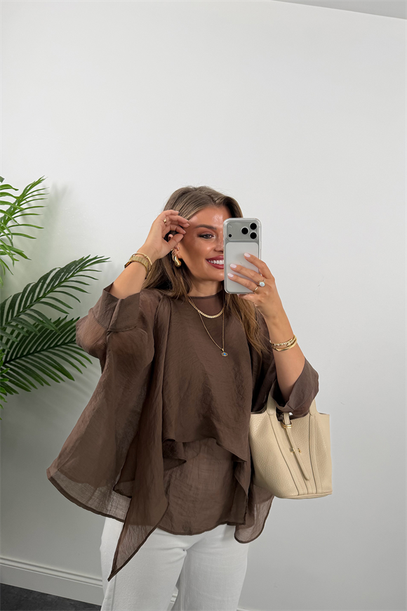 Premium Seri Uçuşan Kumaş Tensel Pelerin Bluz Acı Kahve