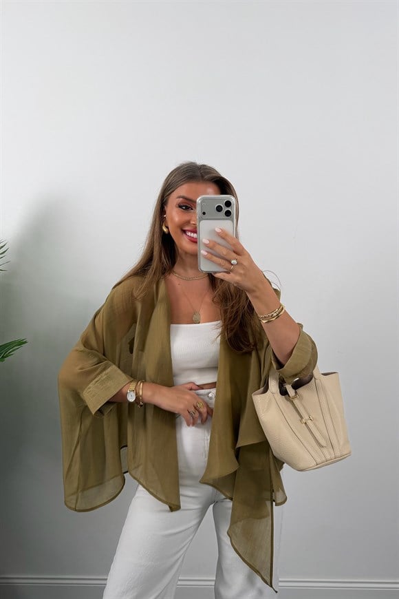 Premium Seri Uçuşan Kumaş Tensel Pelerin Bluz Olive