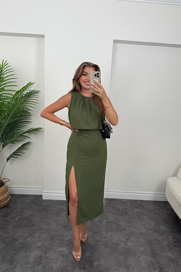 Premium Seri Üstü Dökümlü Yırtmaçlı Drapeli Kalem Elbise Haki