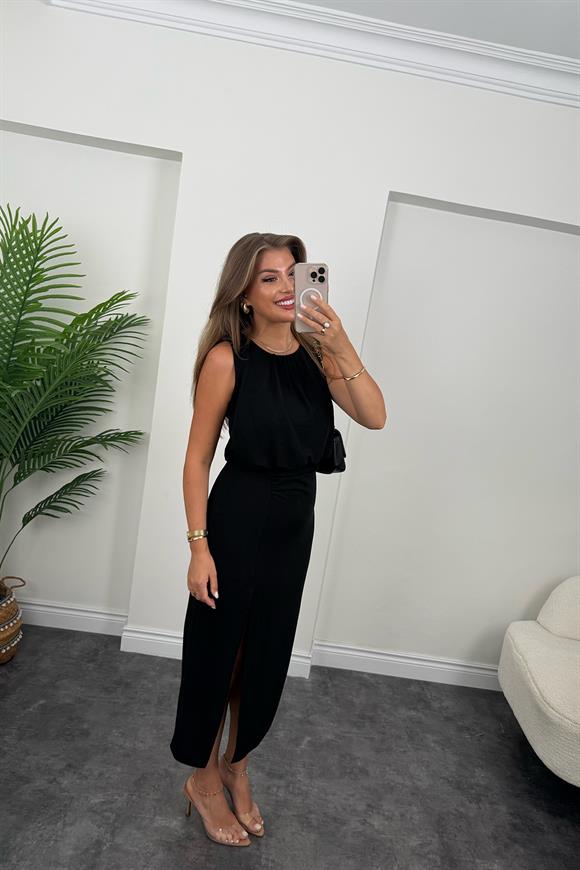 Premium Seri Üstü Dökümlü Yırtmaçlı Drapeli Kalem Elbise Siyah