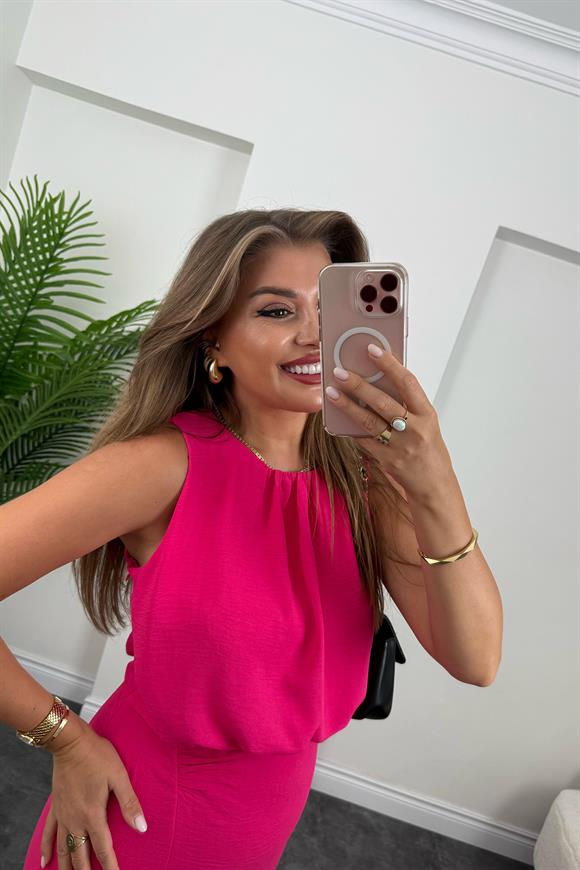 Premium Seri Üstü Dökümlü Yırtmaçlı Drapeli Kalem Elbise Fuşya