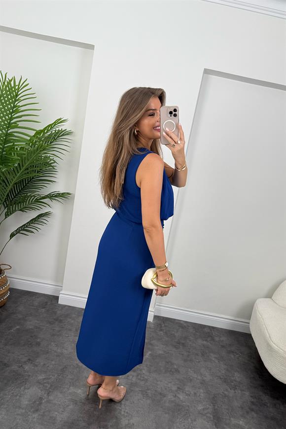 Premium Seri Üstü Dökümlü Yırtmaçlı Drapeli Kalem Elbise Sax Mavi