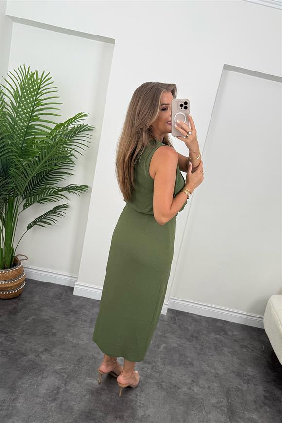 Premium Seri Üstü Dökümlü Yırtmaçlı Drapeli Kalem Elbise Haki