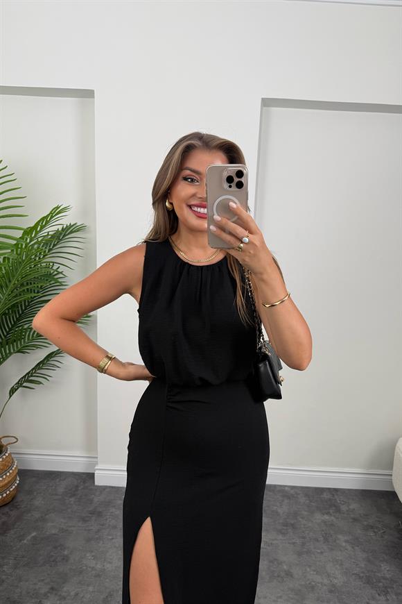 Premium Seri Üstü Dökümlü Yırtmaçlı Drapeli Kalem Elbise Siyah