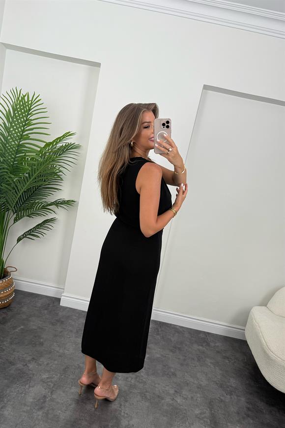 Premium Seri Üstü Dökümlü Yırtmaçlı Drapeli Kalem Elbise Siyah