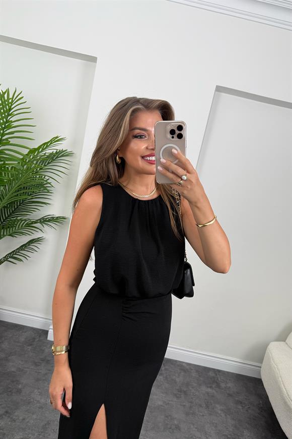 Premium Seri Üstü Dökümlü Yırtmaçlı Drapeli Kalem Elbise Siyah