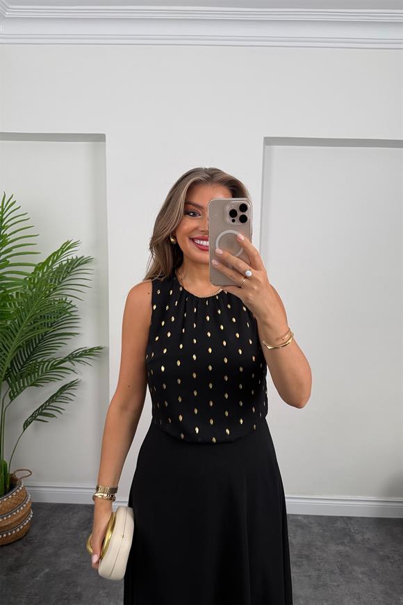 Premium Seri Üstü Gold Puantiyeli Midi Boy Elbise Siyah