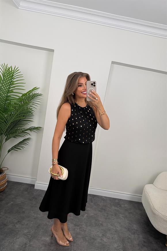 Premium Seri Üstü Gold Puantiyeli Midi Boy Elbise Siyah