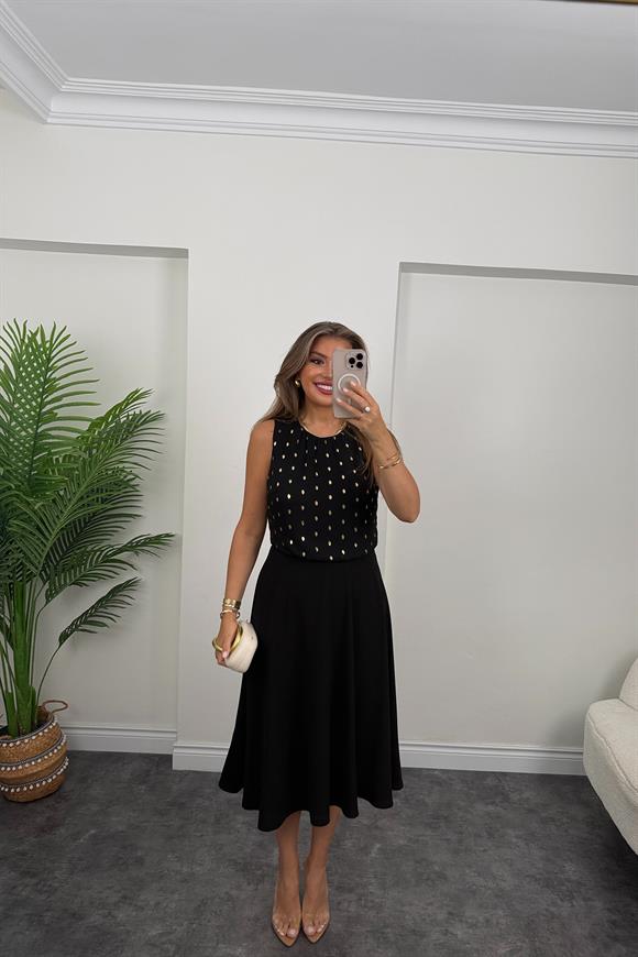 Premium Seri Üstü Gold Puantiyeli Midi Boy Elbise Siyah