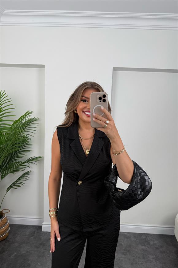 Premium Seri Vatkalı Bluz Pantolon Pamuk Saten Takım Siyah