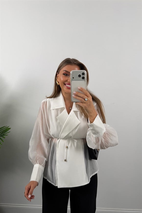 Premium Seri Vatkalı Kruvaze Tensel Bluz Beyaz