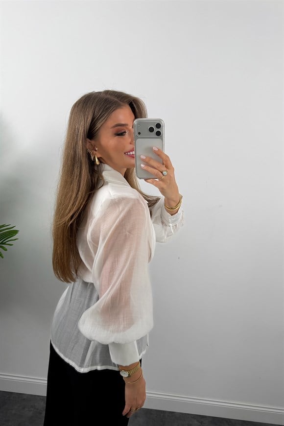 Premium Seri Vatkalı Kruvaze Tensel Bluz Beyaz